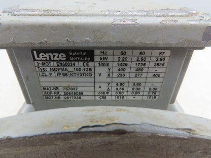 Lenze MDFMA 100-12B  AC Motor 2.6kW 3.5Hp 1725 RPM 277/480V 3PH IEC Frame