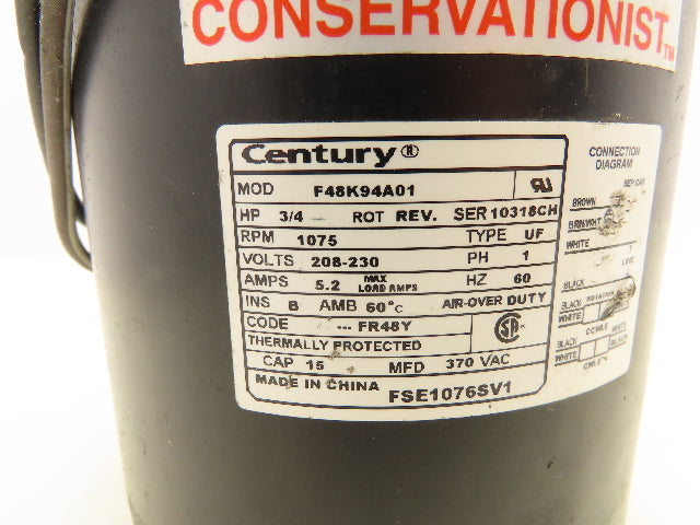 Century F48K94A01 Electric Condenser Fan Motor 3/4HP 208-230V 1PH 1/2" Shaft