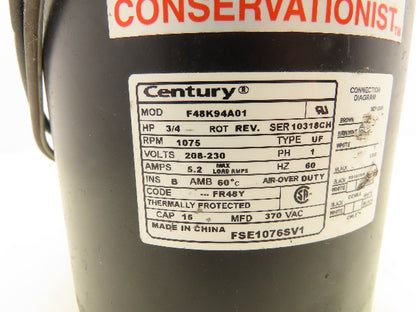 Century F48K94A01 Electric Condenser Fan Motor 3/4HP 208-230V 1PH 1/2" Shaft