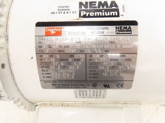 Dayton 5XAU7BH Electric Washdown Motor 5HP 1755 RPM 230/460V 3PH 184TC