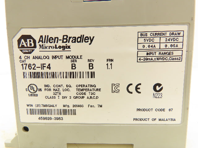 Allen Bradley 1762-IF4 MicroLogix Analog Input Module 24V