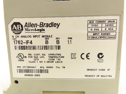 Allen Bradley 1762-IF4 MicroLogix Analog Input Module 24V