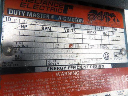 Reliance P14G7708M-GA AC Electric Motor 1-1/2HP 1725 RPM 460V 3PH FL145T