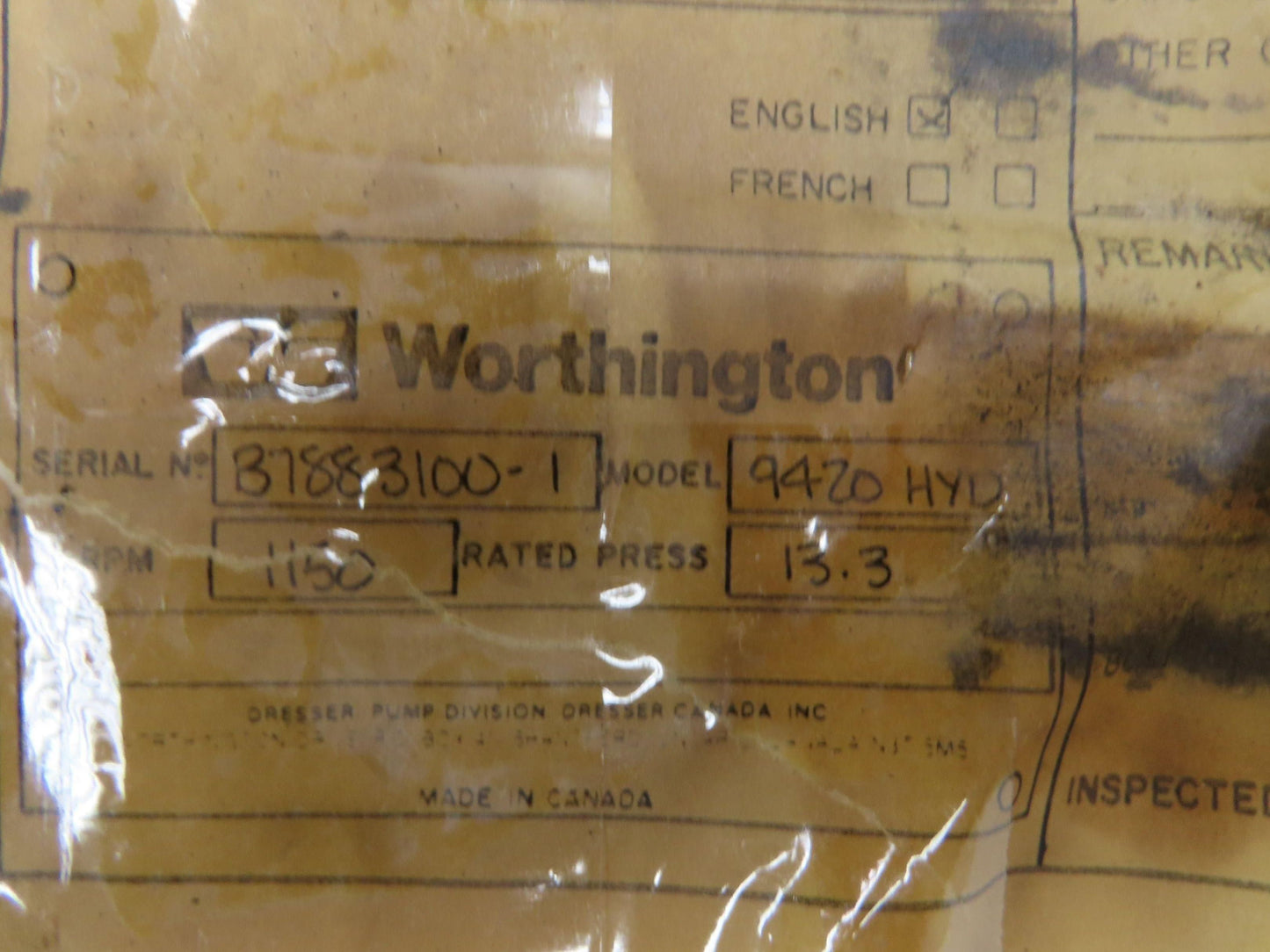 Worthington Hydrex 9400 Double Helical Rotary Gear Pump 4x4" Flanged