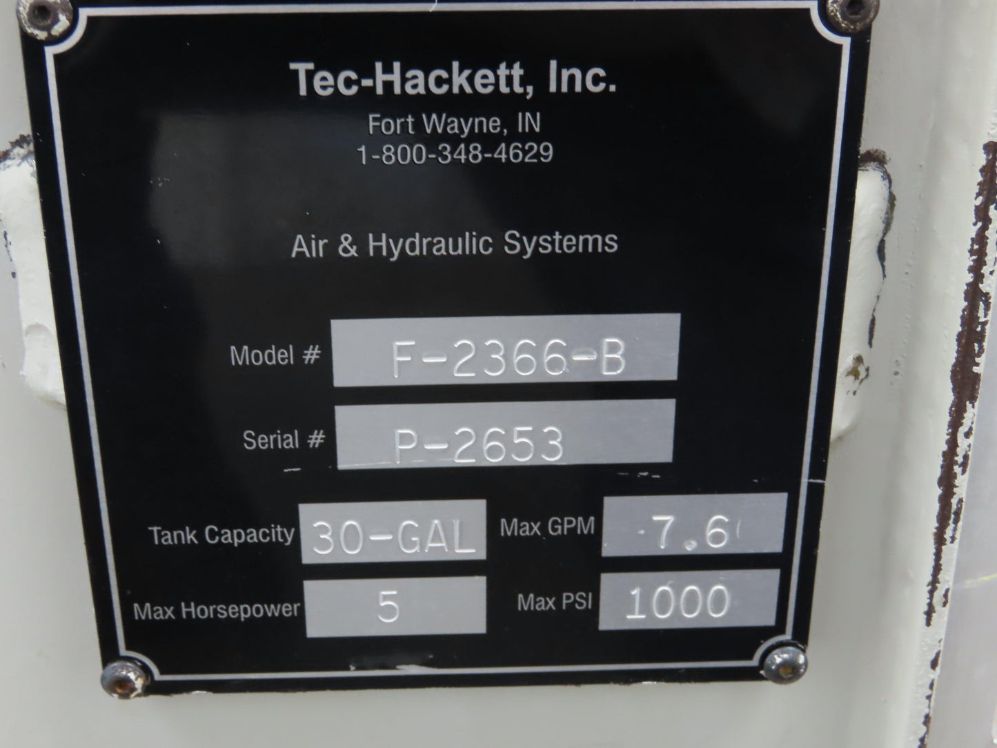 Tec-Hackett Hydraulic Power Unit 30 Gal 7.6gpm 1000psi 5Hp 230/460V w/Oil Cooler