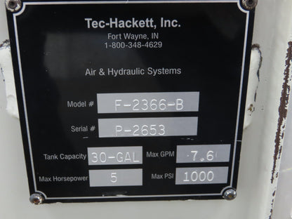 Tec-Hackett Hydraulic Power Unit 30 Gal 7.6gpm 1000psi 5Hp 230/460V w/Oil Cooler