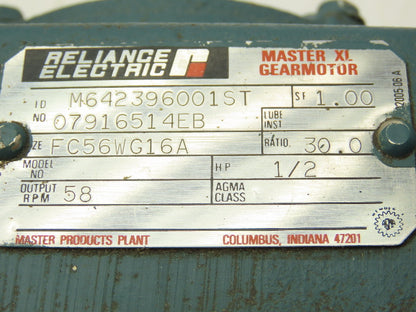 Reliance FC56WG16A Master XL Gearmotor Reducer 30:1 Gearbox .5Hp 58rpm LH 56C