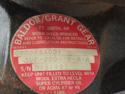 Baldor Grant SVF-200-10-A-A Gear Reducer 10:1 Gearbox 1.7Hp 175rpm RH Output 56C