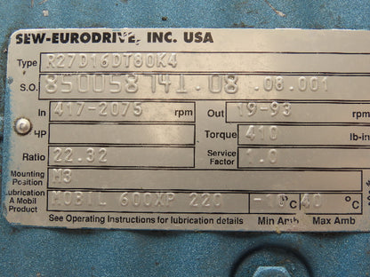 Sew-Eurodrive R27D16DT80K4 Gearmotor Gearbox 22:1 Inline Reducer 19-93rpm 80K4