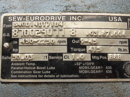 Sew-Eurodrive S40D14DT71D4 Gearmotor Gearbox 50:1 Reducer 9-45rpm RH Output 71D4