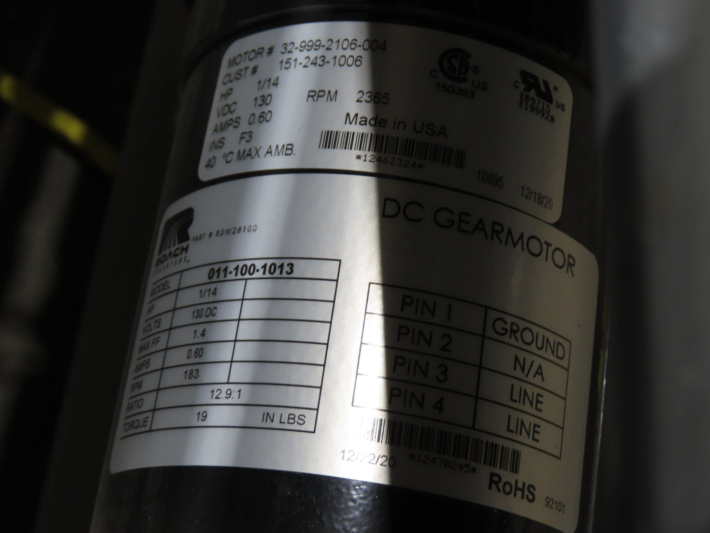 Roach 36"BF x 45° Curve Powered Roller Conveyor 130VDC O-Ring Belt Drive