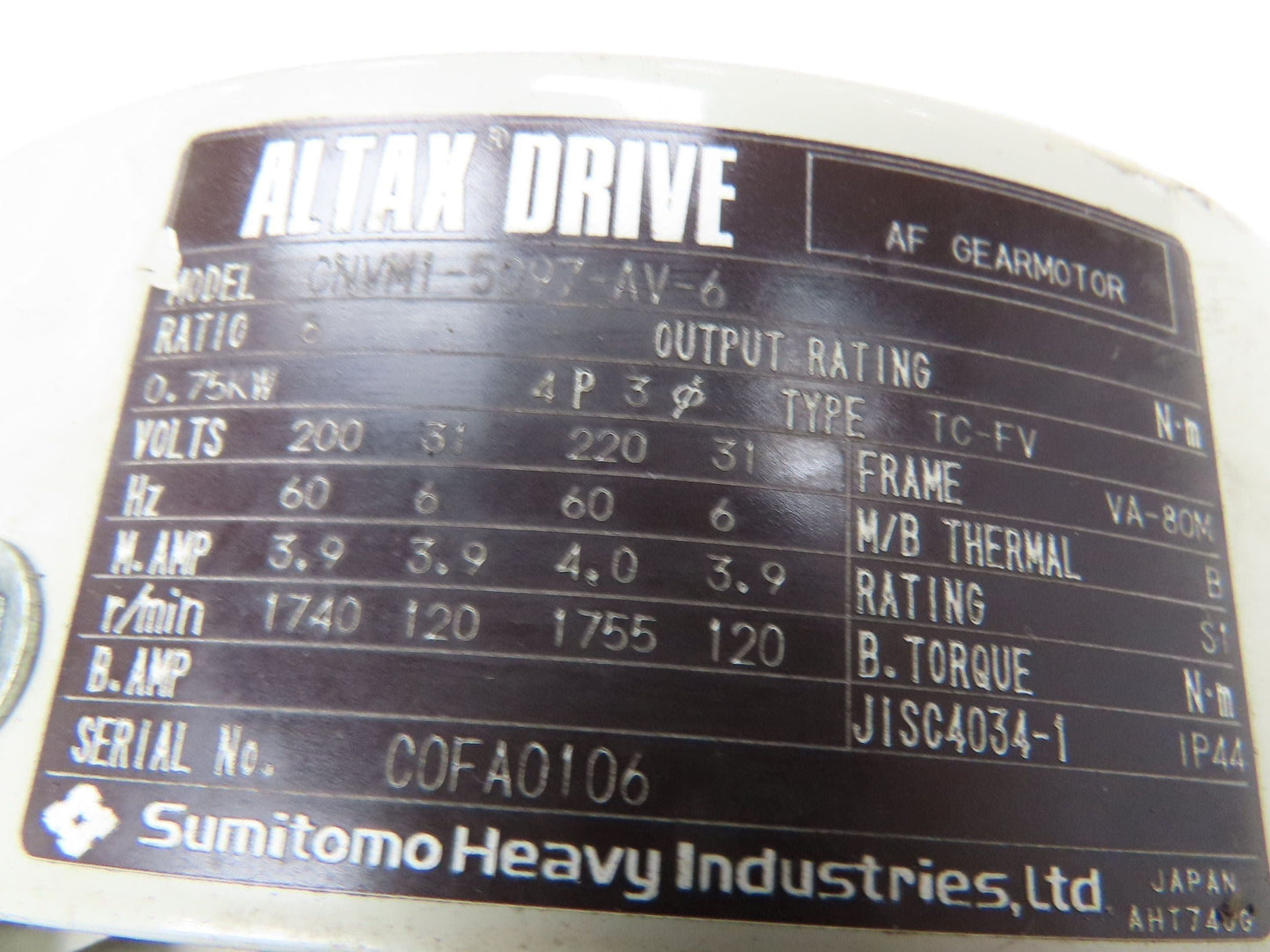 Sumitomo CNVM1-5097-AV-6 Altax Drive AF Gearmotor 6:1 Inline Reducer 220V 80M