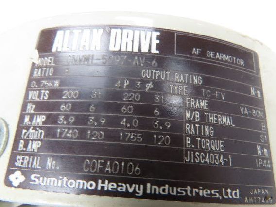 Sumitomo CNVM1-5097-AV-6 Altax Drive AF Gearmotor 6:1 Inline Reducer 220V 80M