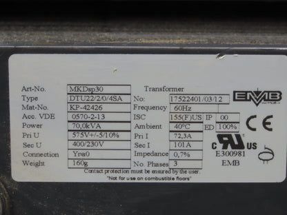 EMB Wittlich MKDsp30 3-Phase Auto Transformer 70 KVA 575V - 400/230V 3PH