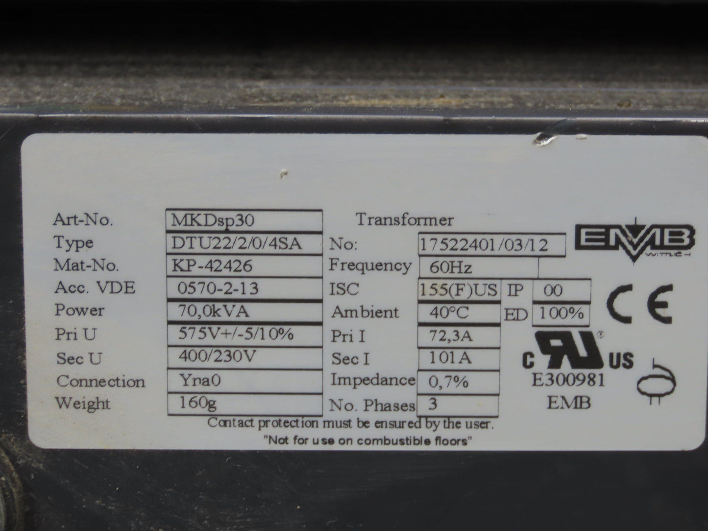 EMB Wittlich MKDsp30 3-Phase Auto Transformer 70 KVA 575V - 400/230V 3PH