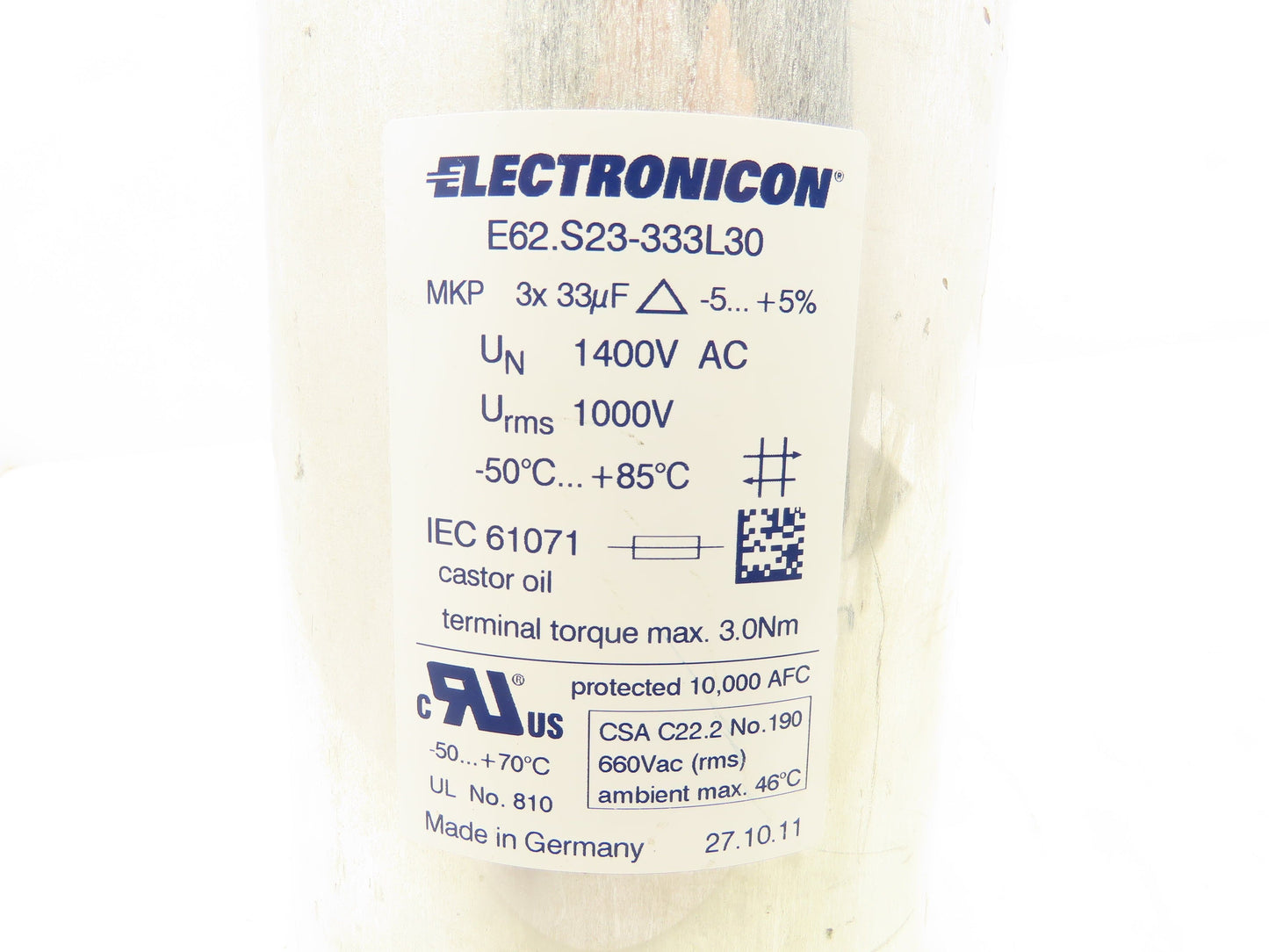 Electronicon E62.S23-333L30 MKP 3x 33uF 1400V AC 3PH Capacitor 5.37"x 9"L