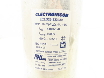 Electronicon E62.S23-333L30 MKP 3x 33uF 1400V AC 3PH Capacitor 5.37"x 9"L