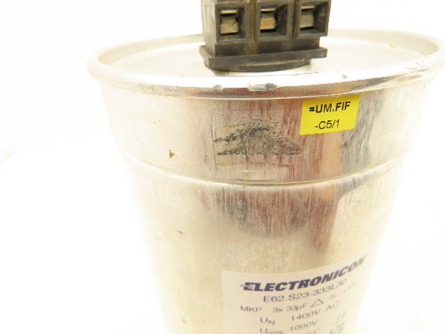 Electronicon E62.S23-333L30 MKP 3x 33uF 1400V AC 3PH Capacitor 5.37"x 9"L