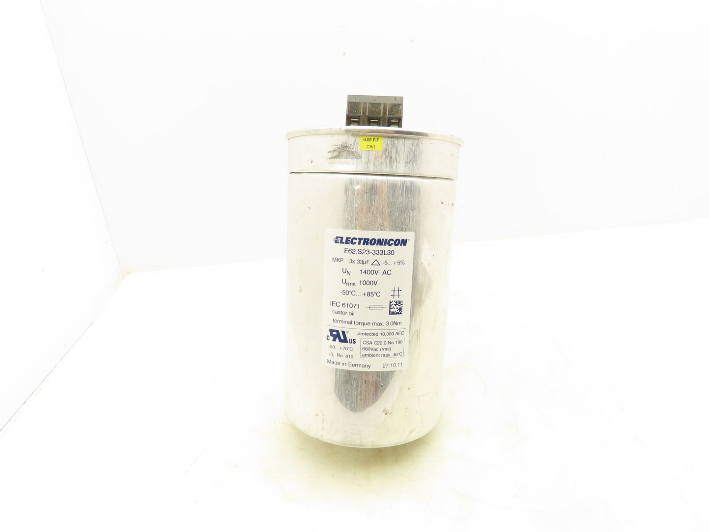 Electronicon E62.S23-333L30 MKP 3x 33uF 1400V AC 3PH Capacitor 5.37"x 9"L