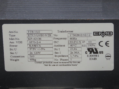 EMB Wittlich TTS 10.0 Isolating Transformer 8.64 KVA 575V - 120V Single Phase