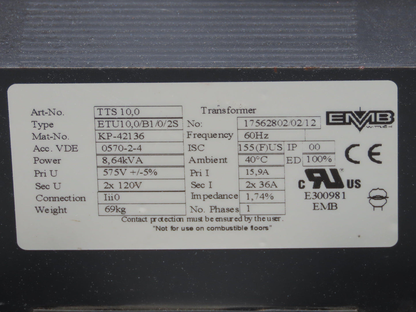 EMB Wittlich TTS 10.0 Isolating Transformer 8.64 KVA 575V - 120V Single Phase