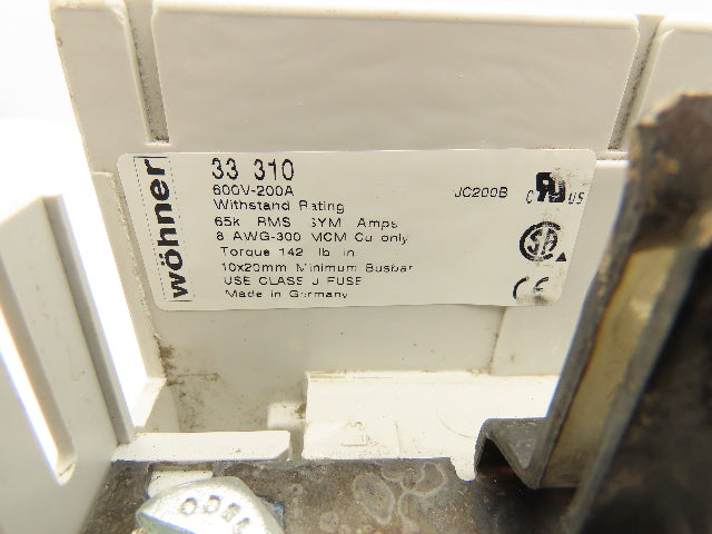 Wöhner 33 310 Bus Bar Fuse Holder Terminal Block 200A 600V 3 Pole