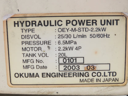 Okuma Hydraulic Power Unit 5gal Tank 8gpm 1100psi Nachi Uni Pump 3Hp 220V