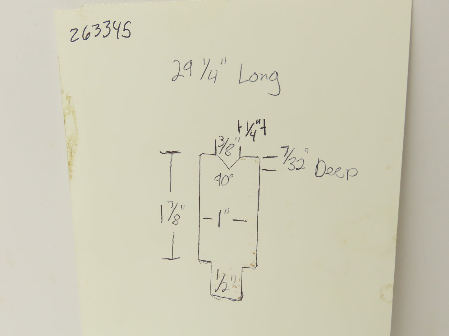 Press Brake Die 29-1/4" Long 90° V 3/8" W 7/32" Deep 1-7/8" H 1/2" Tang