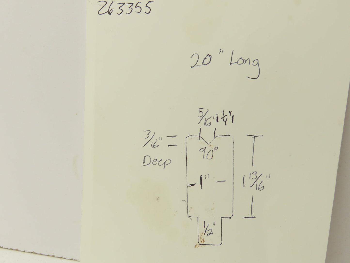 Press Brake Die 20" Long 90° V 5/16" W 3/16" D 1-13/16" H 1/2" Tang