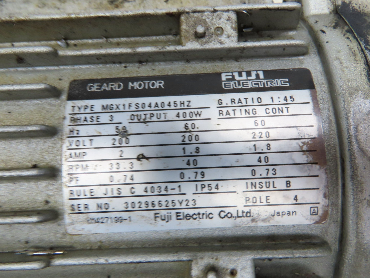 Fuji MGX1FS04A045HZ Parallel Shaft Gearmotor 45:1 Reducer 40rpm 400W 220V 3PH