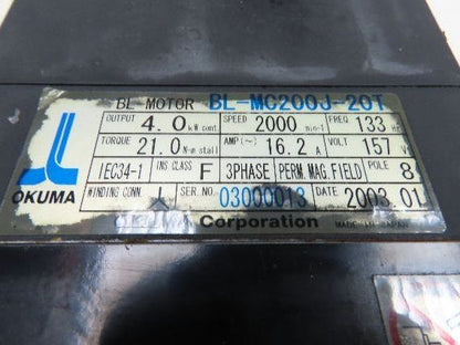 Okuma BL-MC200J-20T AC Servo Motor 4kW 2000 RPM 157V 16.2A 3PH