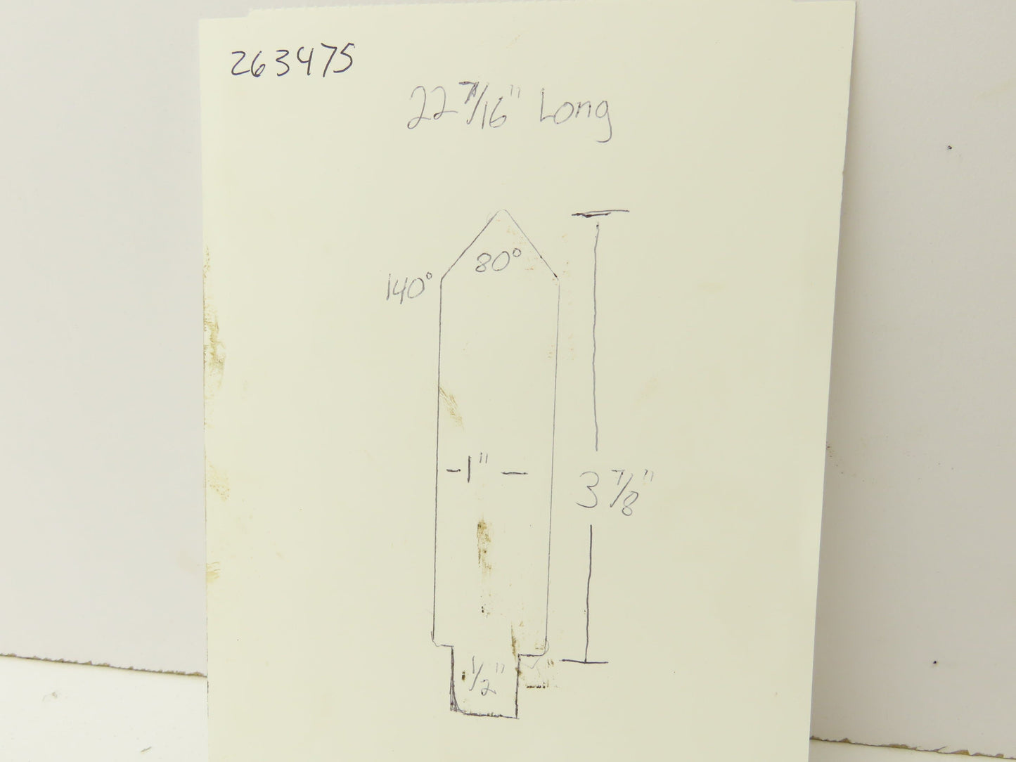 Press Brake Punch Die 22-7/16" Long 80° V 1" W 3-7/8" H 1/2" Tang