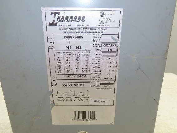 Hammond Q007LEKF Industrial Transformer 1PH 7.5KVA 240-480V PRI 120-240V