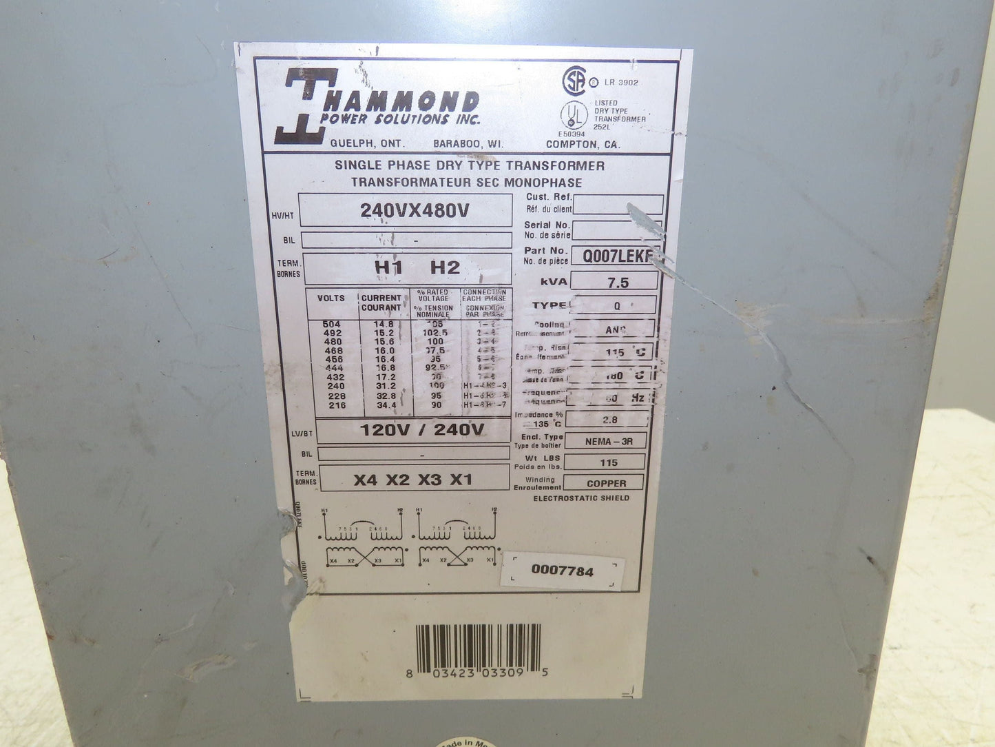Hammond Q007LEKF Industrial Transformer 1PH 7.5KVA 240-480V PRI 120-240V