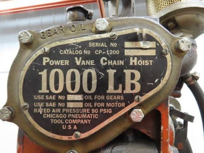 Chicago Pneumatic 1/2 Ton 1000Lb Power Vane Air Chain Hoist 10' Lift w/Pendant