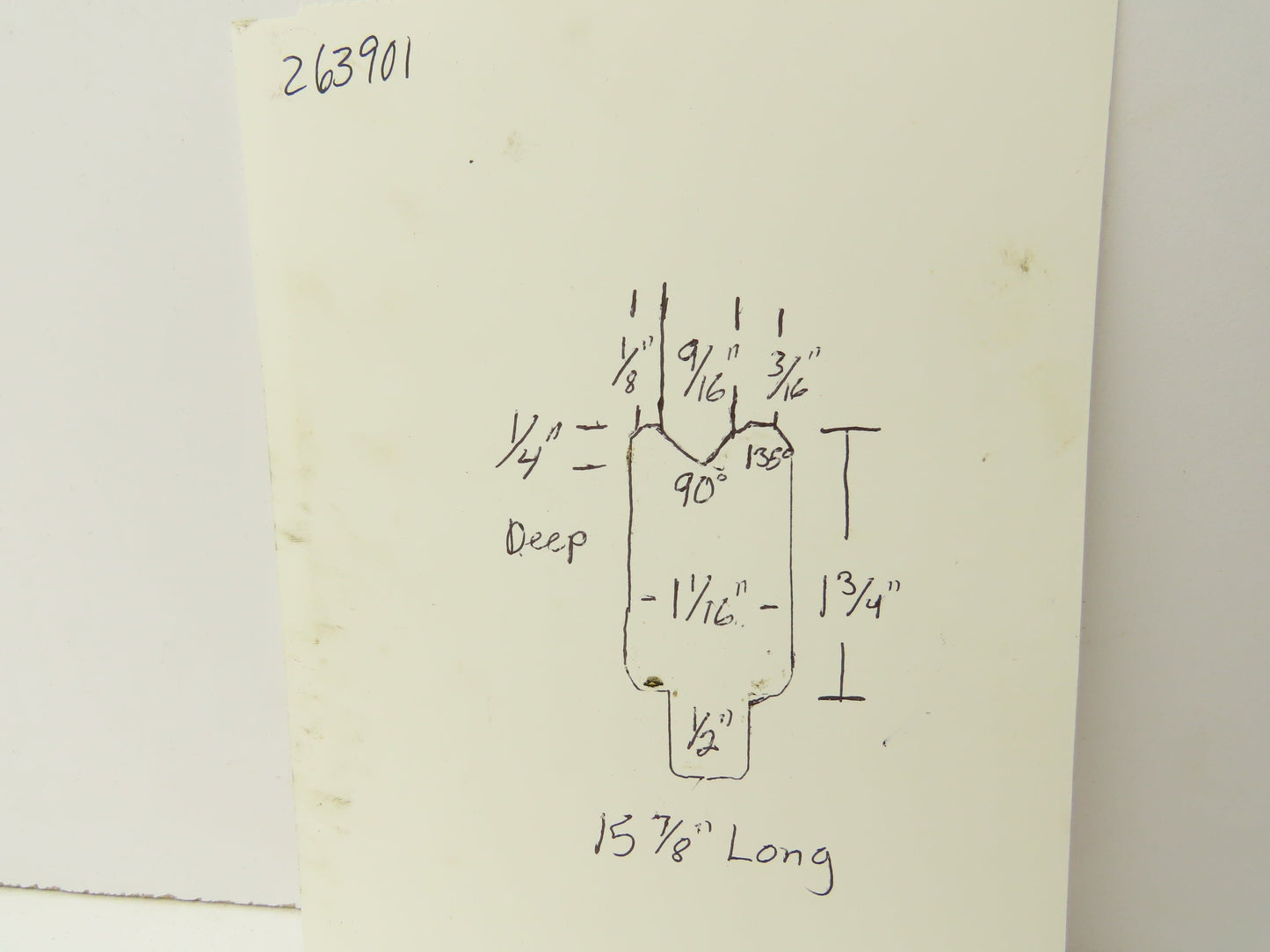 Press Brake Die 15-7/8" Long 90° V 9/16" W 1/4" D 1-3/4" H 1/2" Tang