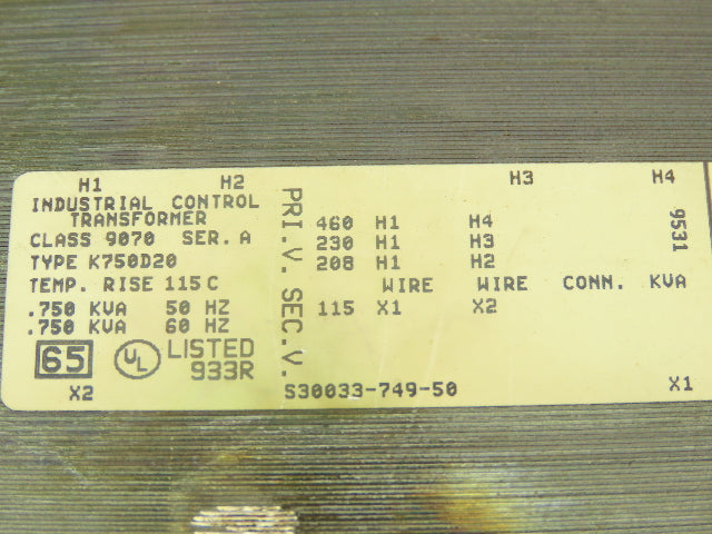 Square D 9070-K750D20 Industrial Control Transformer .75KVA PRI 230/460V