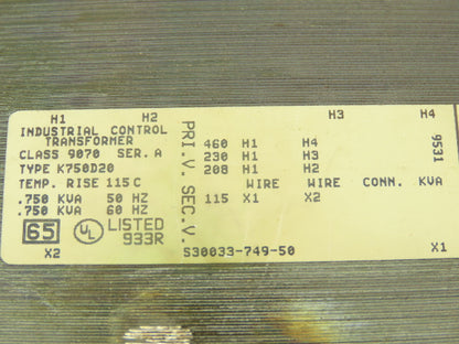 Square D 9070-K750D20 Industrial Control Transformer .75KVA PRI 230/460V