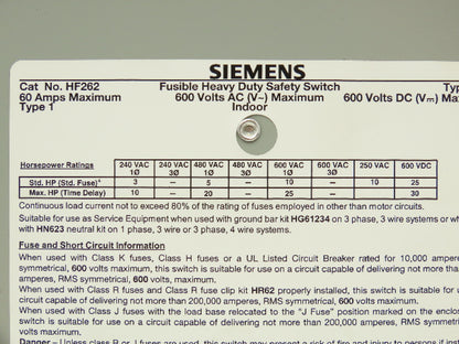Siemens HF262 Heavy Duty Safety Disconnect Switch 60A 600VAC 1PH 2 Pole Fusible