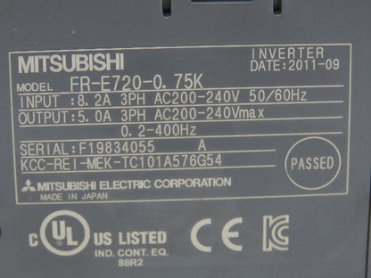 Mitsubishi Electric FR-E720-0.75K VFD Inverter Drive 3PH 1HP 240V