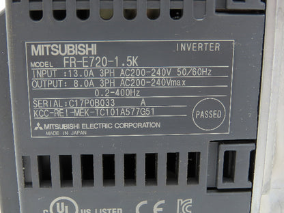 Mitsubishi Electric FR-E720-1.5K VFD Inverter Drive 3PH 240V 2HP