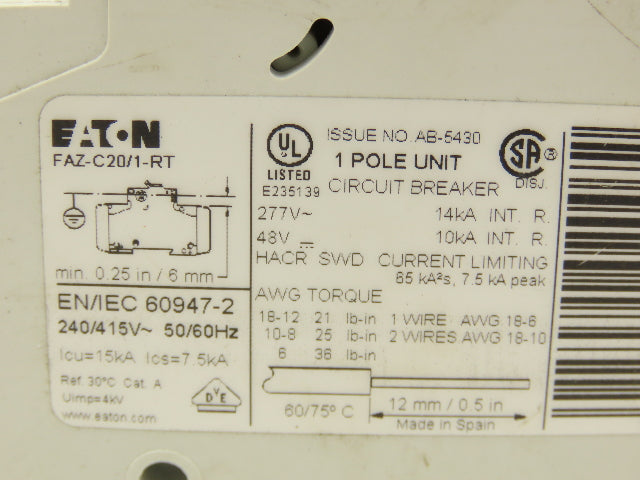 Eaton FAZ-C20/1-RT Miniature Circuit Breaker 240/415V 1 Pole 20A