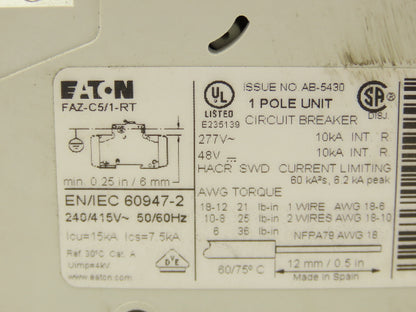 Eaton FAZ-C5/1-RT Miniature Circuit Breaker 240/415V 1 Pole 5A