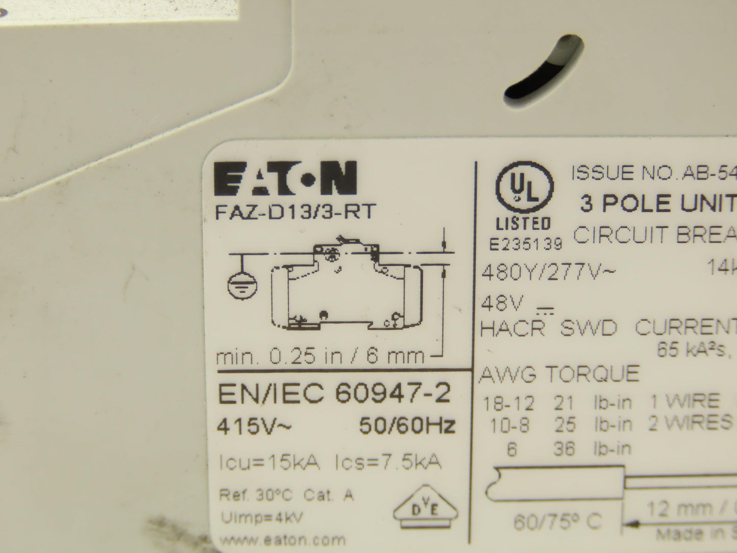 Eaton FAZ-D13/3-RT Circuit Breaker 3 Pole 415V 13A