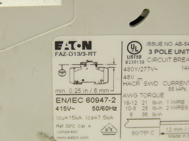 Eaton FAZ-D13/3-RT Circuit Breaker 3 Pole 415V 13A