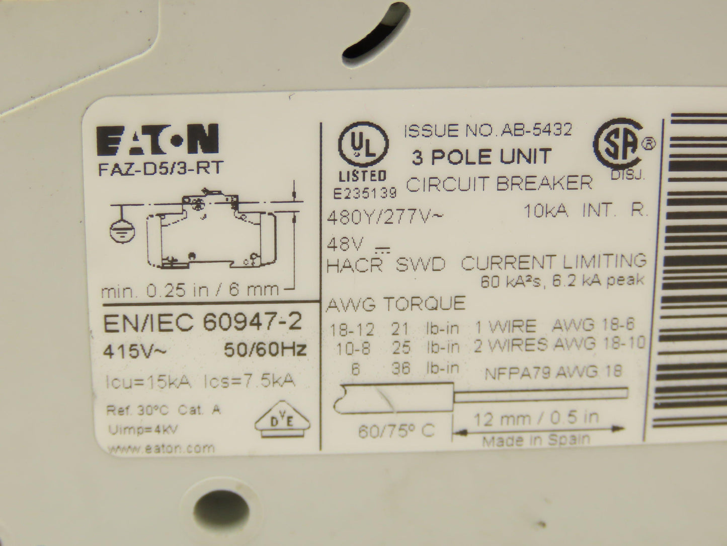 Eaton FAZ-D5/3-RT Circuit Breaker 3 Pole 415V 5A