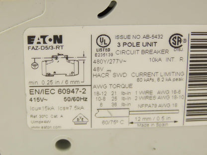 Eaton FAZ-D5/3-RT Circuit Breaker 3 Pole 415V 5A