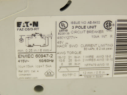 Eaton FAZ-D5/3-RT Circuit Breaker 3 Pole 415V 5A