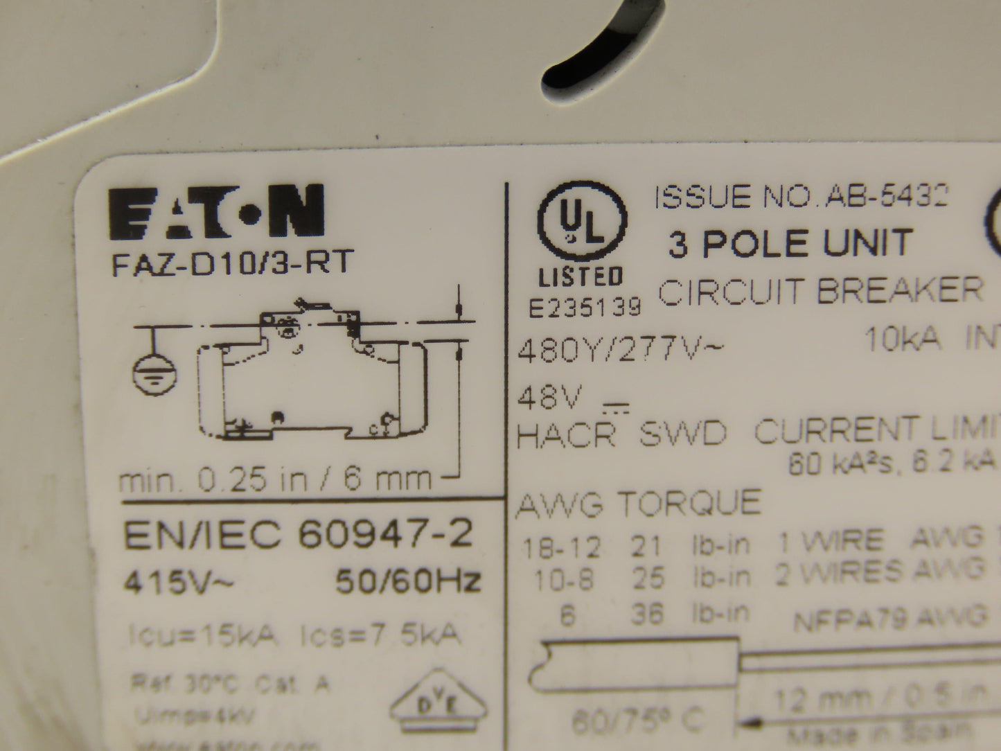 Eaton FAZ-D10/3-RT Circuit Breaker 3 Pole 415V 10A Lot of 2