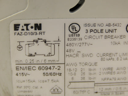 Eaton FAZ-D10/3-RT Circuit Breaker 3 Pole 415V 10A Lot of 2